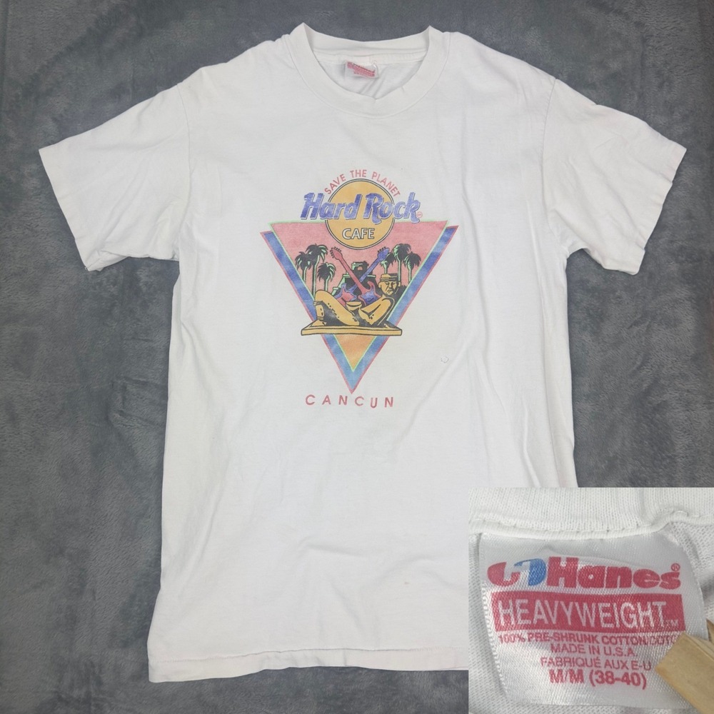 Vintage 90s Hard Rock Cafe Cancun Save The Planet Graphic T Shirt Men's M White
